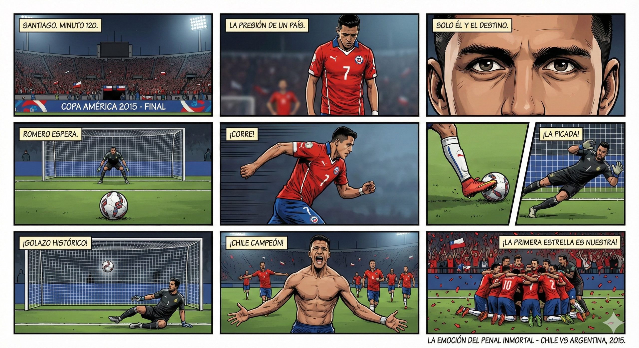 comic-generado-en-gemini-con-el-prompt-la-emocion-del-penal-de-alexis-sanchez-contra-argentina-en-la-copa-america-2015-contada-en-un-comic-de-9-vinetas