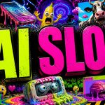 Imagen estilo brainrot con el texto AI SLOP sobre una escena caótica de contenido generado con inteligencia artificial