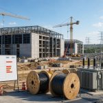 Construcción pausada de un centro de datos de IA junto a infraestructura eléctrica