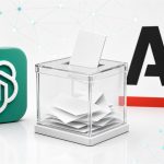 Urna electoral junto al logo de OpenAI y el logo AP sobre un fondo de red neuronal