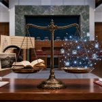 Derechos de autor e IA representados por una balanza entre obras creativas y datos digitales en el Congreso