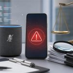 Escritorio con teléfono, altavoz inteligente y documentos regulatorios sobre publicidad con IA