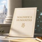 Documento de encíclica con el título Magnifica Humanitas junto a una red sutil de inteligencia artificial