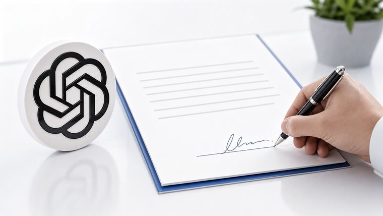 Símbolo de OpenAI junto a un documento de gobernanza firmado