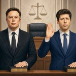 Ilustración de Elon Musk y Sam Altman prestando juramento en una corte por el juicio de OpenAI