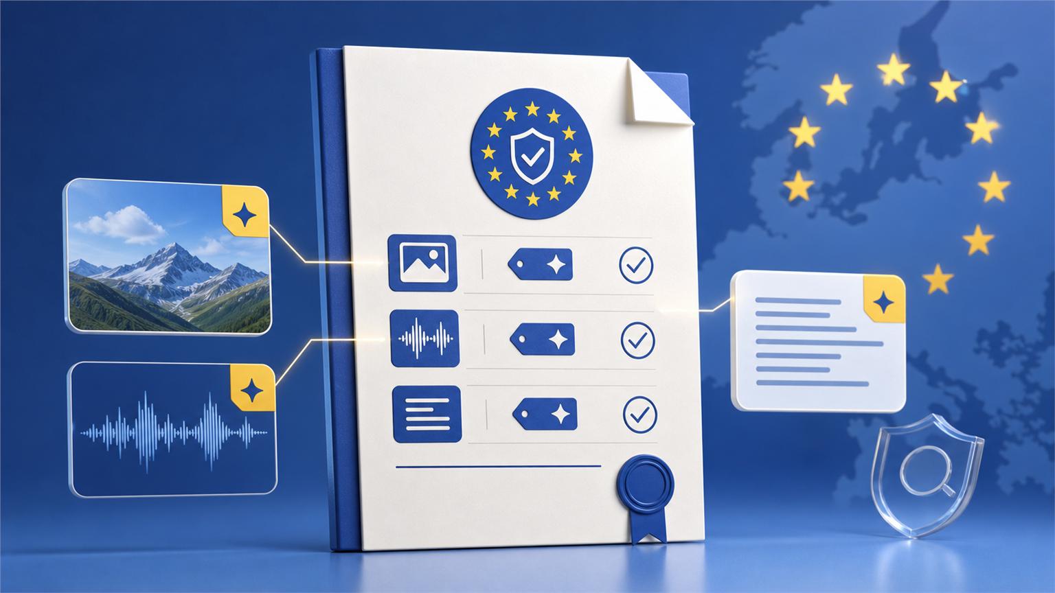 Ilustración de etiquetas para contenido generado por IA bajo el AI Act de la Unión Europea