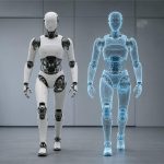 Robot humanoide ALLEX junto a su gemelo de simulación en un laboratorio