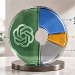 Gráfico circular fotorrealista con ChatGPT bajo el 50 por ciento frente a Gemini, Claude y otros asistentes de IA