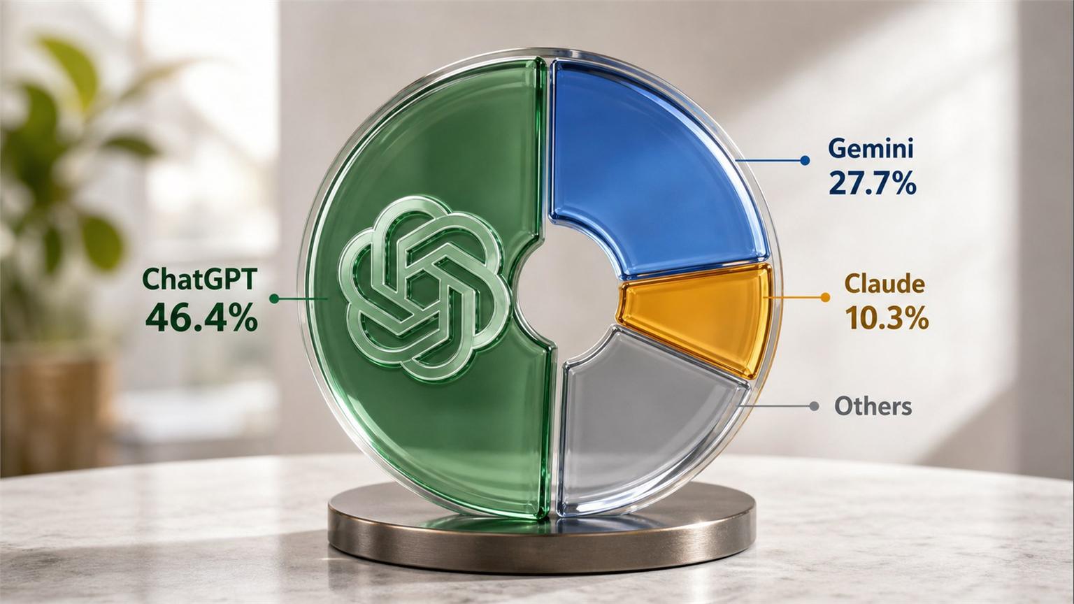 Gráfico circular fotorrealista con ChatGPT bajo el 50 por ciento frente a Gemini, Claude y otros asistentes de IA