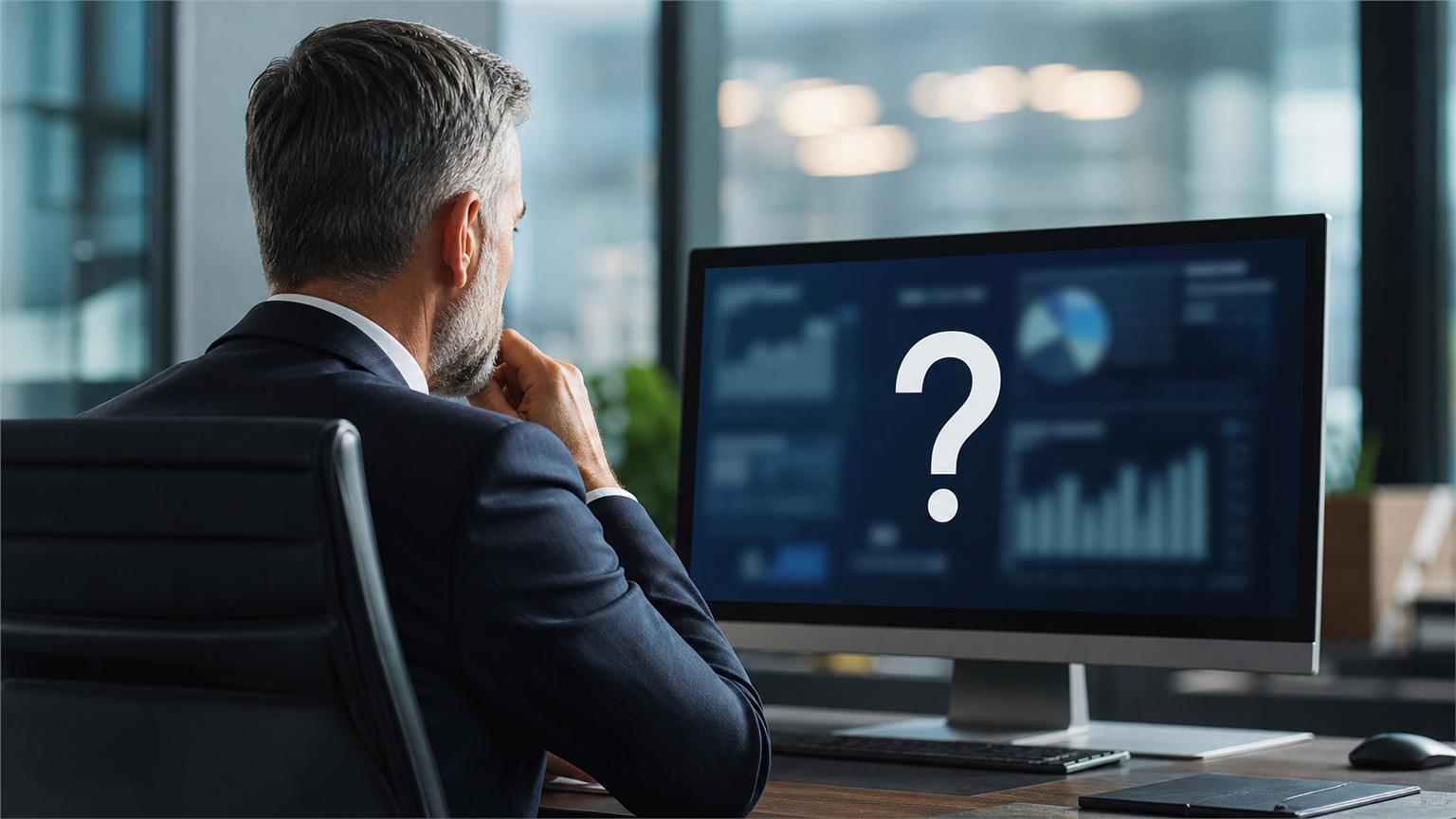 Ejecutivo mirando una pantalla con un gran signo de interrogación sobre un panel de datos