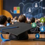 Estudiantes en una graduación frente a una pantalla con gráficos sobre IA y empleo