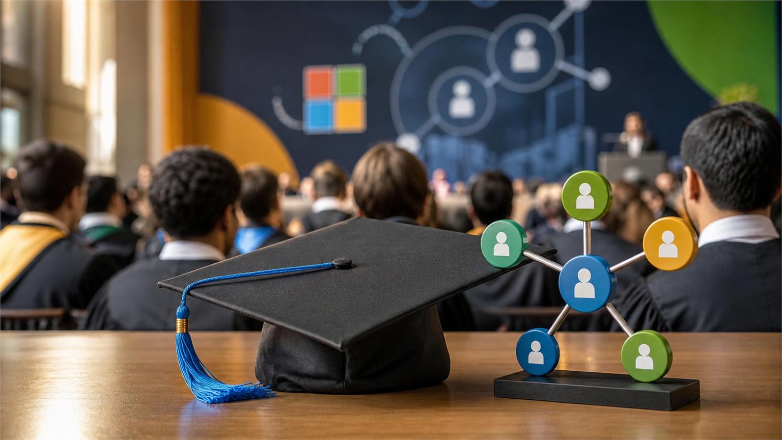 Estudiantes en una graduación frente a una pantalla con gráficos sobre IA y empleo