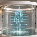 Escáner corporal de Midjourney Medical con holograma anatómico y señal de revisión clínica