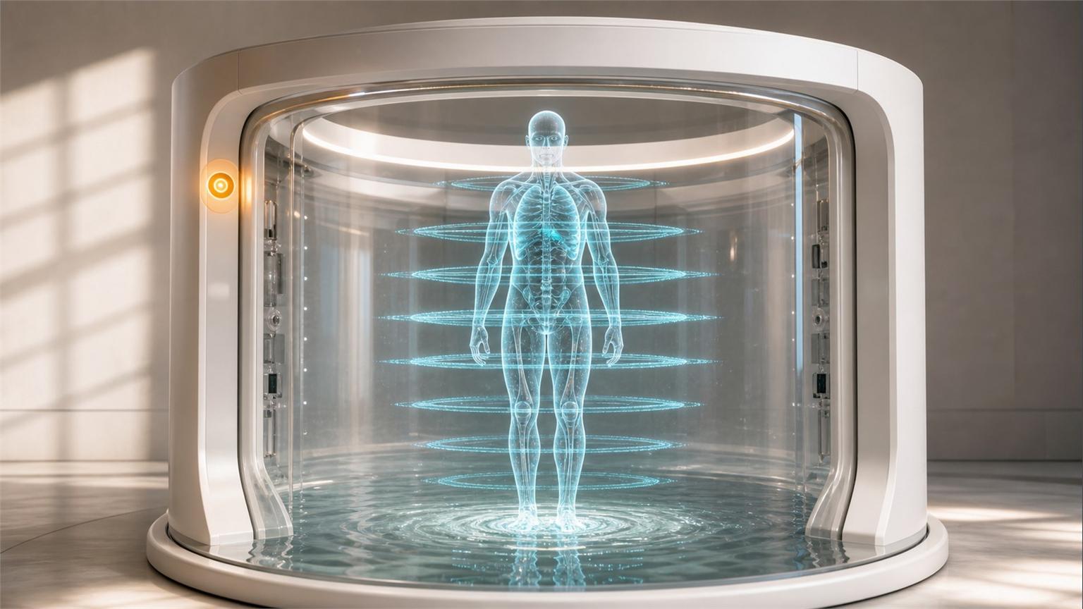 Escáner corporal de Midjourney Medical con holograma anatómico y señal de revisión clínica