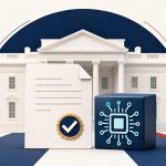 Ilustración gráfica de la Casa Blanca, una orden oficial y un símbolo de IA para representar la revisión voluntaria de modelos avanzados