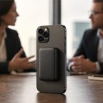 Dispositivo compacto de Pocket adherido a un teléfono durante una reunión presencial