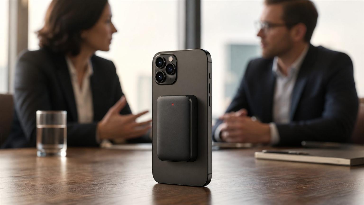 Dispositivo compacto de Pocket adherido a un teléfono durante una reunión presencial