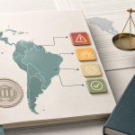 Ilustración de mapas y documentos legales sobre regulación de IA en América Latina