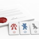Contrato con sello rojo y tarjetas de siluetas de personajes para representar Sixth Wall de Hasbro