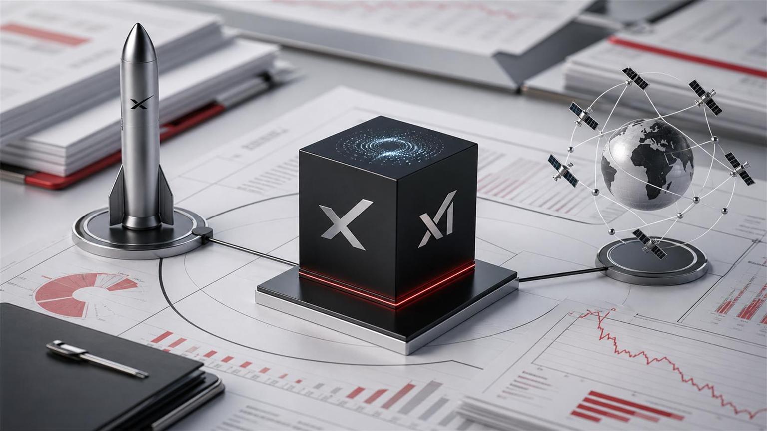 Elon Musk y el logo de SpaceX con gráficos financieros sobre la operación de xAI