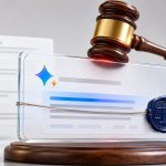 Pantalla de búsqueda de Google con AI Overviews y un mazo judicial en primer plano