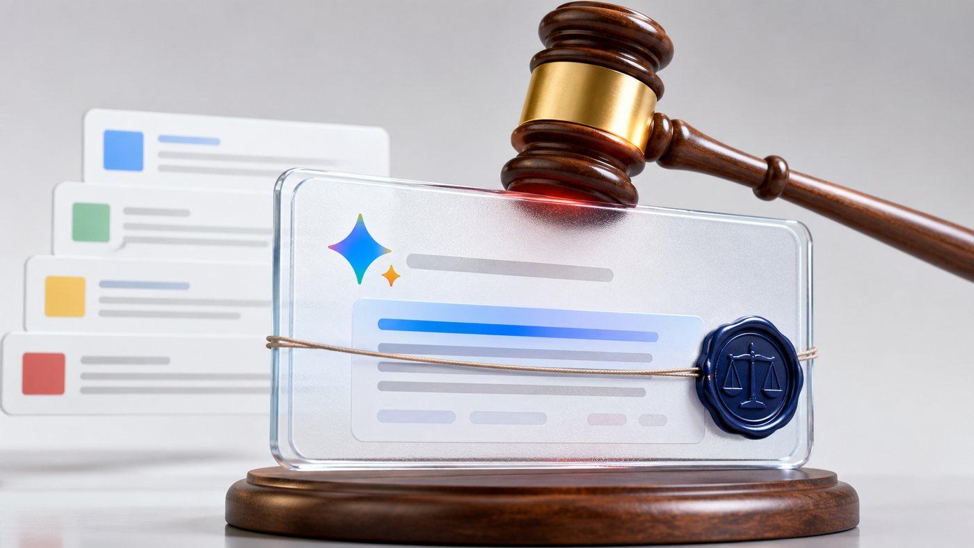 Pantalla de búsqueda de Google con AI Overviews y un mazo judicial en primer plano