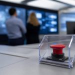Sala de control con botón rojo bajo tapa transparente asociada al AI Kill Switch Act