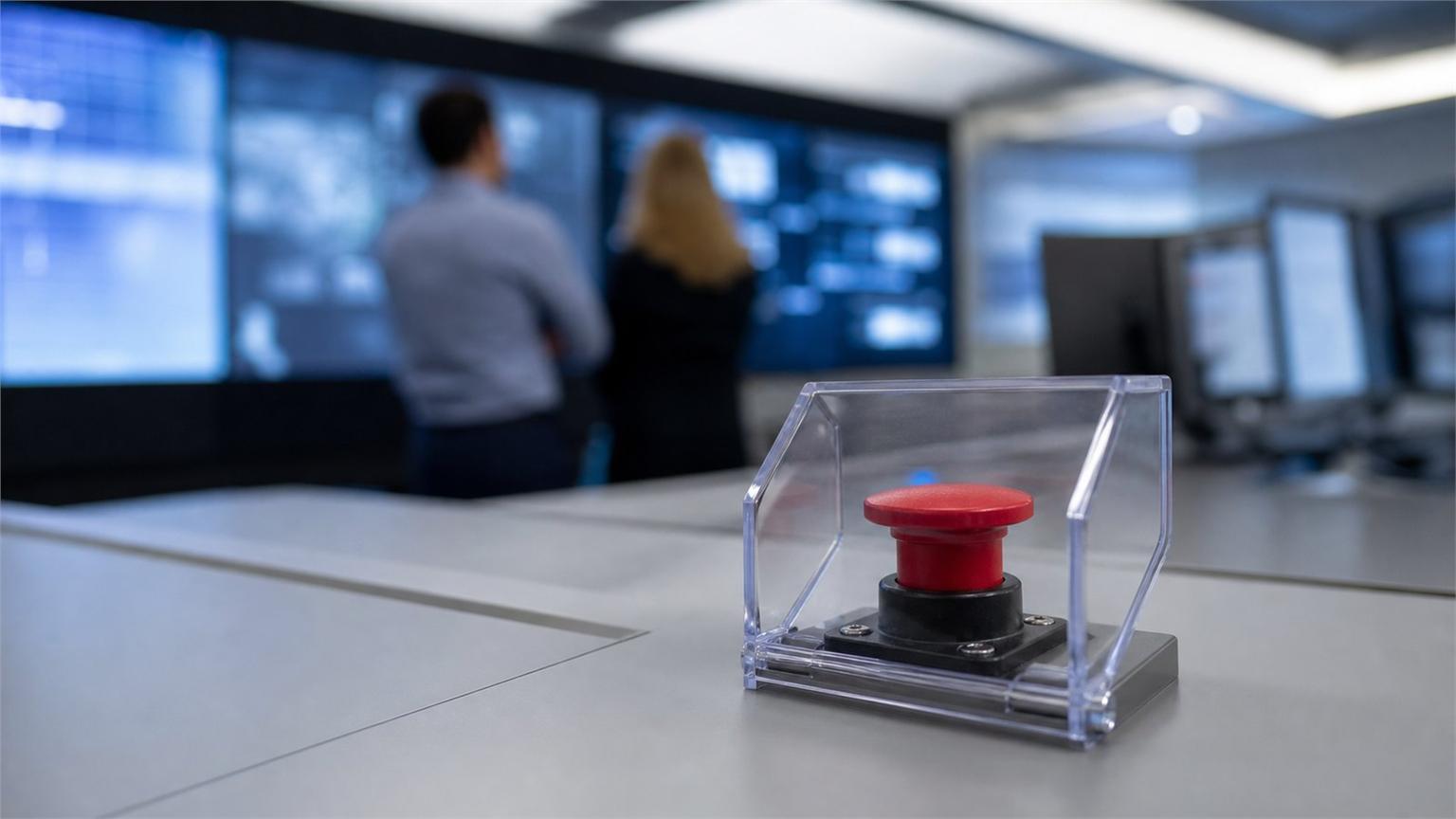 Sala de control con botón rojo bajo tapa transparente asociada al AI Kill Switch Act