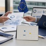 Mesa con papeles regulatorios europeos y pantallas abstractas para explicar el AI Act