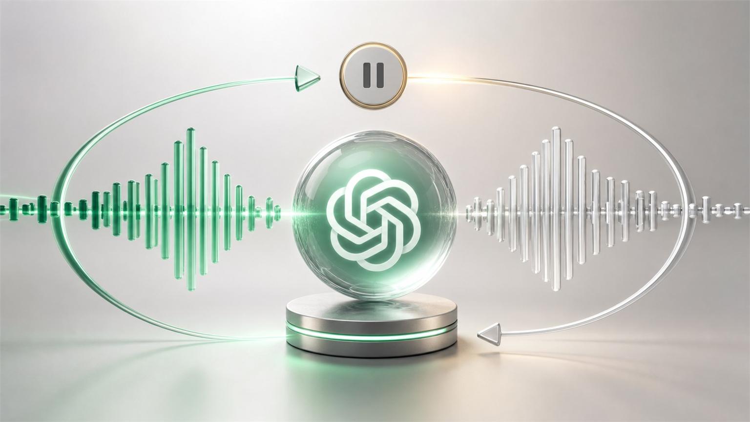 Ilustración editorial de ChatGPT Voice con dos ondas de sonido simultáneas en conversación continua