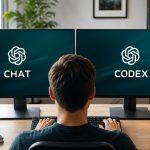 Persona frente a dos pantallas con logos de OpenAI para ChatGPT Chat y Codex