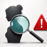 Silueta de mujer con lupa y alerta sobre deepfakes sexuales