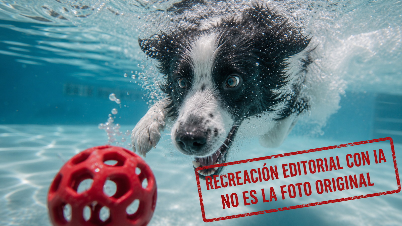 Recreaci?n editorial con IA de un perro bajo el agua que persigue una pelota roja en un caso de derechos de autor