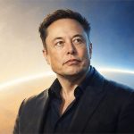 Retrato editorial de Elon Musk ante un horizonte tecnológico sobre IA y robots