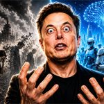 Ilustración de Elon Musk entre trabajadores y robots en una fábrica automatizada