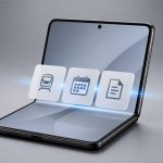 Galaxy Z Fold8 abierto sobre una mesa con tarjetas de apps alrededor