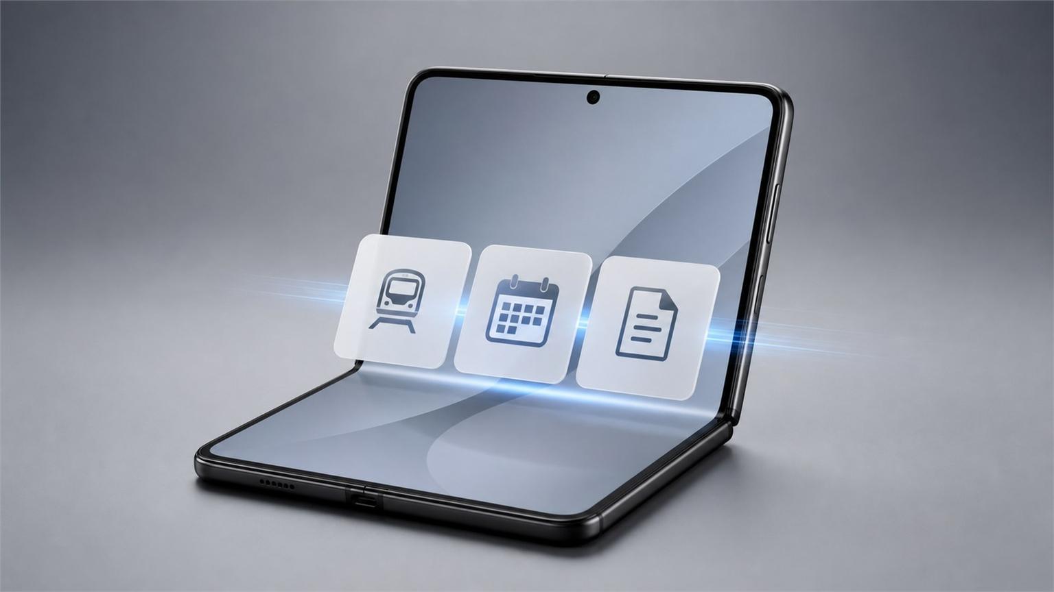 Galaxy Z Fold8 abierto sobre una mesa con tarjetas de apps alrededor