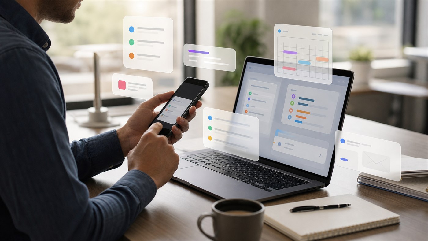 Meta AI organiza tareas, calendario y correo en un escritorio de trabajo con laptop y teléfono