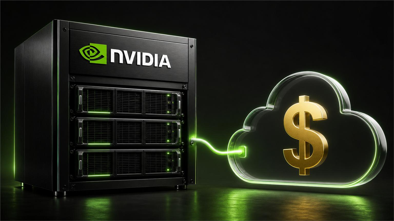 NVIDIA: rack de servidores conectado a una nube con sÃmbolo de dinero
