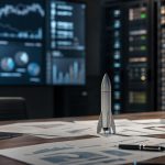 Mesa financiera con gráficos de mercado, cohete y racks de datos para explicar OpenAI y SpaceX