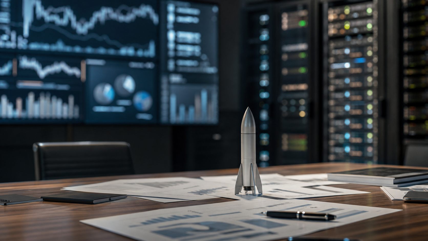 Mesa financiera con gráficos de mercado, cohete y racks de datos para explicar OpenAI y SpaceX