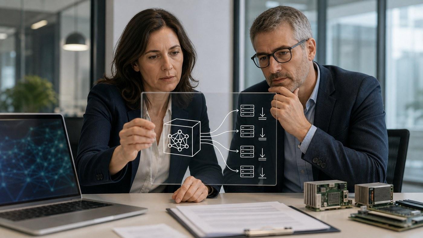 Personas revisando un panel técnico sobre pesos abiertos y modelos de IA