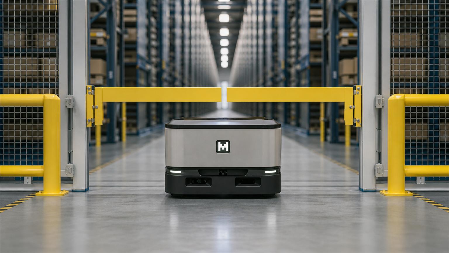 Robostral Navigate guiando un robot móvil en una bodega industrial