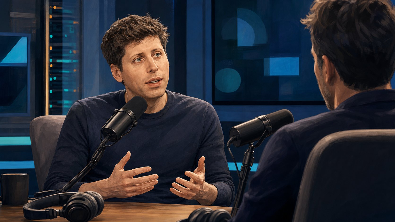 Ilustración editorial de Sam Altman en una entrevista de podcast sobre singularidad de IA