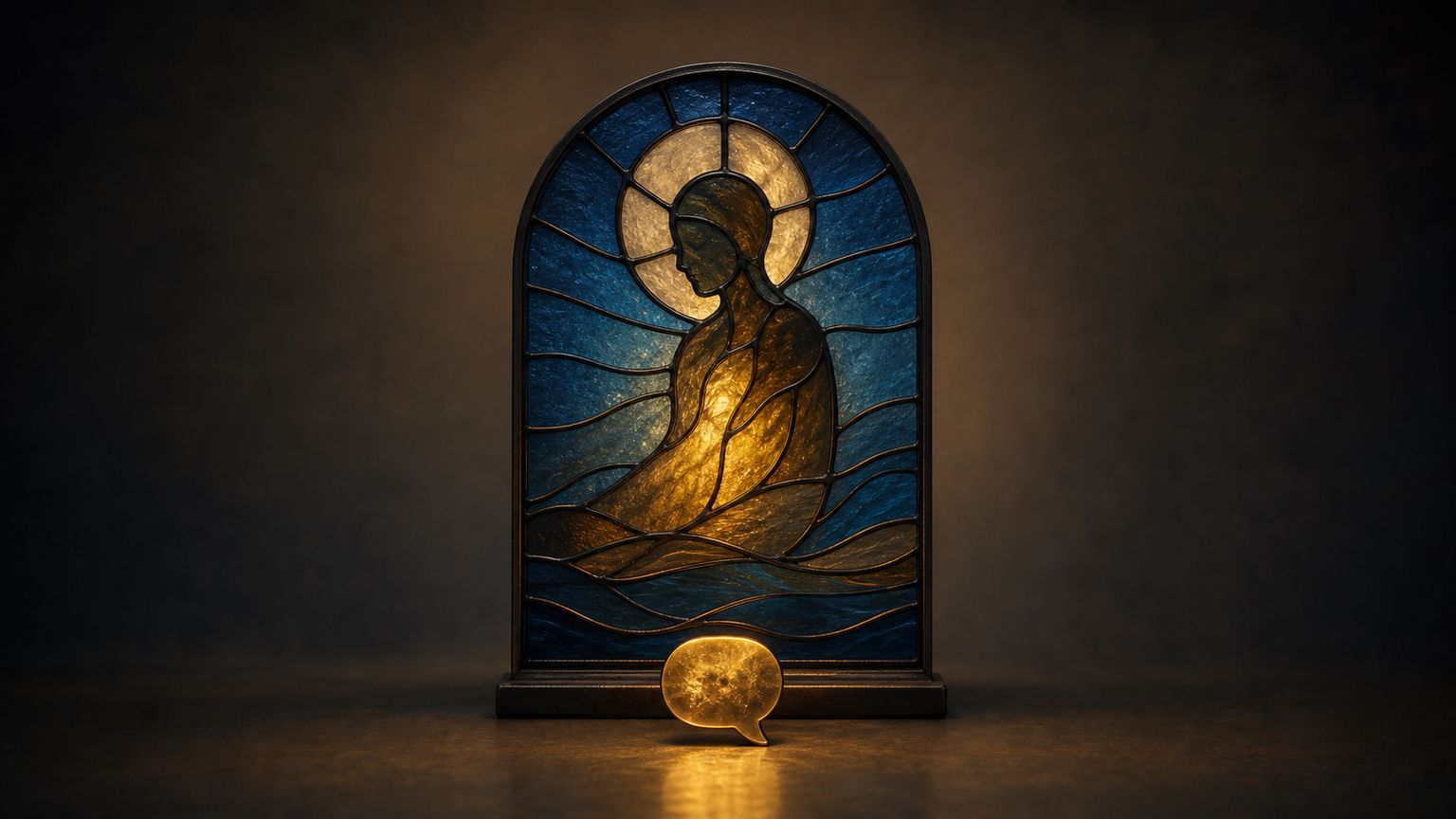 Vitral abstracto que representa Santos por Chat con un globo de diálogo dorado