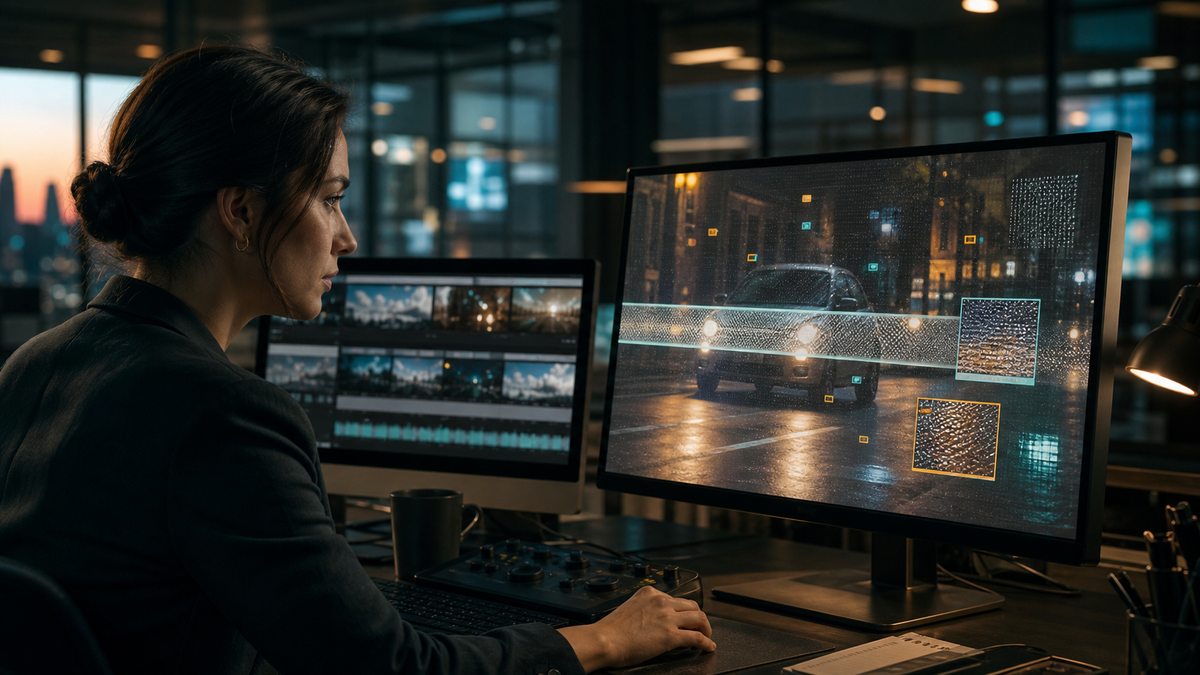 Editora revisando anomalías visuales con Synthetic Video Detector en una redacción