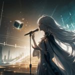 Vivy evocada como una cantante futurista frente a una escena sobre IA y música