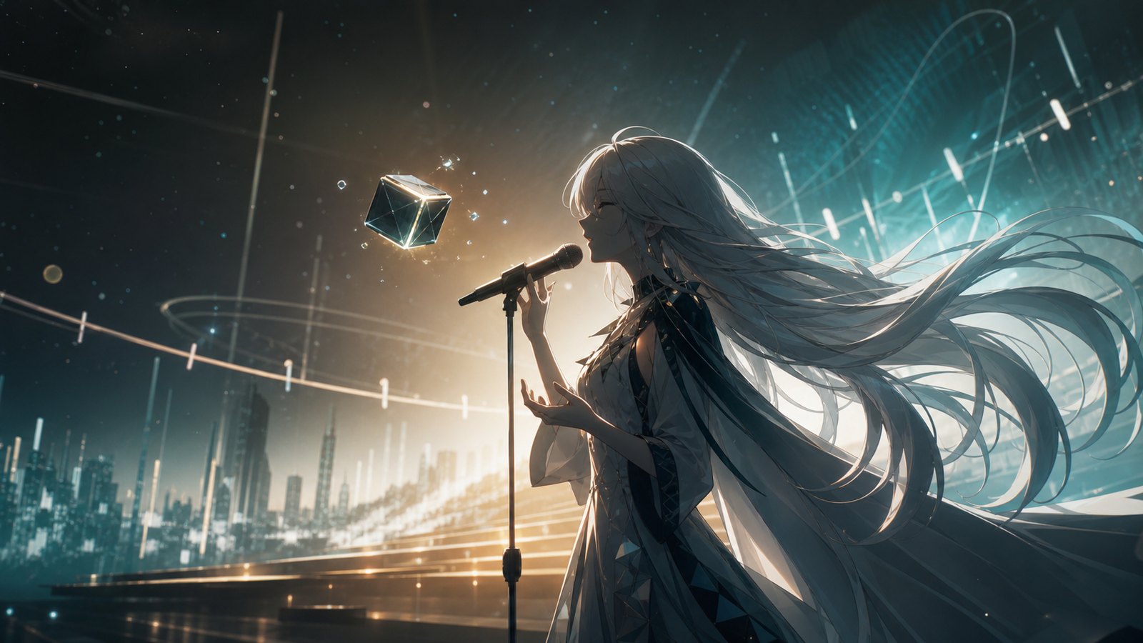 Vivy evocada como una cantante futurista frente a una escena sobre IA y música
