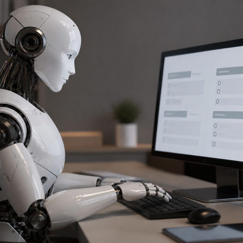 Robot representa a agentes de IA respondiendo una prueba online frente a un computador