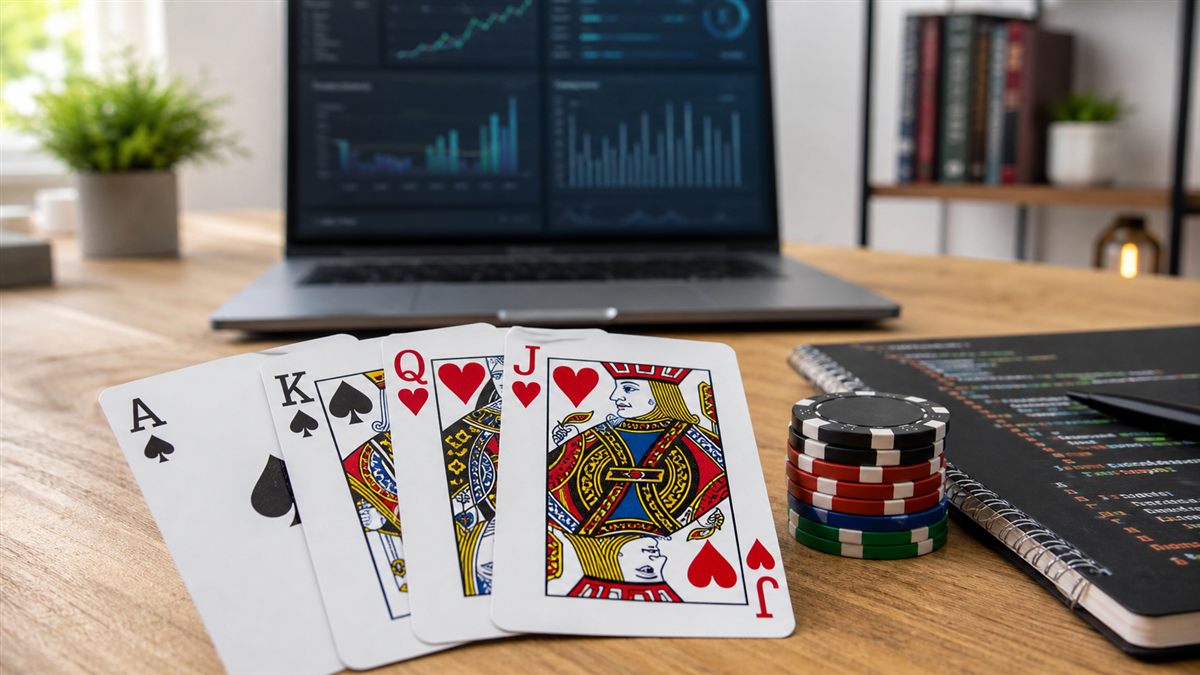 App de póker con IA abierta en un computador con cartas, fichas y una interfaz de análisis de equity